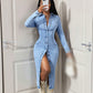 Long Sleeve Button-Down Denim Midi Dress