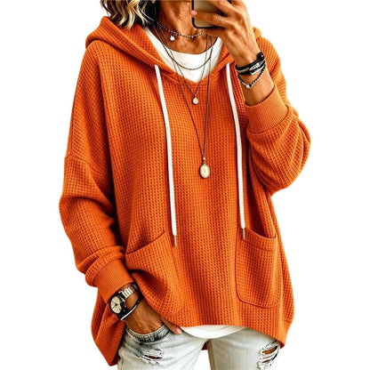 👚Seasonal Style - Hooded Waffle Sweatshirt with Reinforced Drawstring – Versatile Layer for Any Casual Occasion