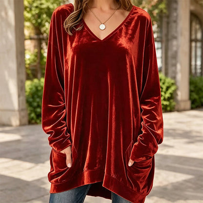 ☀️👚Seasonal Style - V-Neck Velvet Blouse with Long Sleeves – Cozy Warmth & Sophisticated Shine for Cooler Days