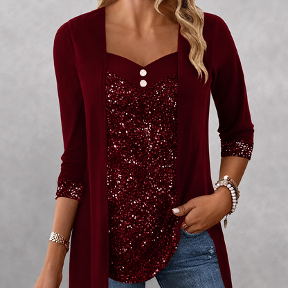 ✨👚New Arrivals - Mock Layered Top with Sequin Detail – Eye-Catching Shine & Versatile Wear for Any Occasion