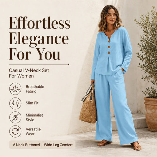 ☀️👚Seasonal Style - Long Sleeve V-Neck & Wide-Leg Pants – Versatile Pairing for Comfortable Everyday Chic