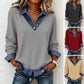Trending Now⭐👚 Faux Layered Knit Top with Denim Trim – V-Neck & Button Detail for Effortless Casual Chic