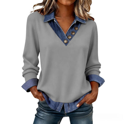 Trending Now⭐👚 Faux Layered Knit Top with Denim Trim – V-Neck & Button Detail for Effortless Casual Chic