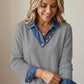 Trending Now⭐👚 Faux Layered Knit Top with Denim Trim – V-Neck & Button Detail for Effortless Casual Chic
