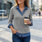 Trending Now⭐👚 Faux Layered Knit Top with Denim Trim – V-Neck & Button Detail for Effortless Casual Chic