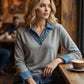 Trending Now⭐👚 Faux Layered Knit Top with Denim Trim – V-Neck & Button Detail for Effortless Casual Chic
