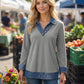 Trending Now⭐👚 Faux Layered Knit Top with Denim Trim – V-Neck & Button Detail for Effortless Casual Chic