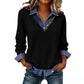 Trending Now⭐👚 Faux Layered Knit Top with Denim Trim – V-Neck & Button Detail for Effortless Casual Chic