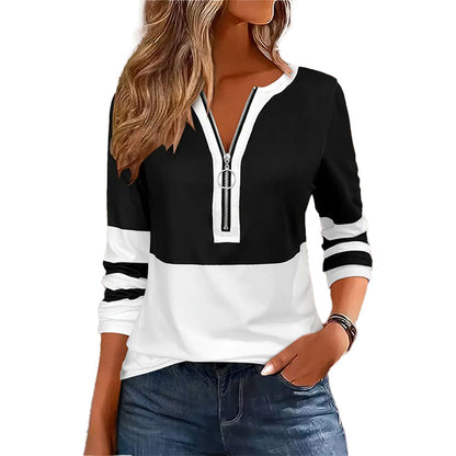 Women's Chic Zipper V Neck Color Block Top
