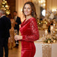 Women's Elegant Draped Neck Sequin Sleeve Dress