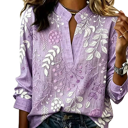 Women's Printed V-Neck Long Sleeve Pullover Casual Top