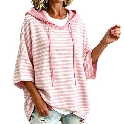 Women Loose Striped Hooded Pullover Casual 3/4 Sleeve Hoodie