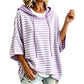 Women Loose Striped Hooded Pullover Casual 3/4 Sleeve Hoodie