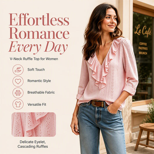 👚Seasonal Style - V-Neck Ruffle Blouse – Lightweight Comfort & Feminine Charm for Everyday Looks