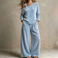 👚Seasonal Style - Off-Shoulder Top & Wide-Leg Pants – Elegant Drape & Comfortable Fit for Warm-Weather Days