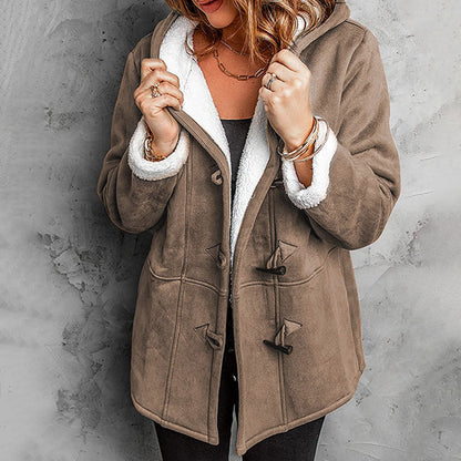 🧥Seasonal Style - Double-Breasted Hooded Coat – Soft Suede Outer & Warm Lining for Commute or Outdoor Wear