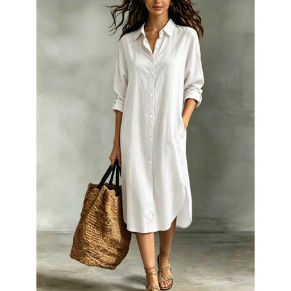 Women Loose Cotton Linen Shirt Dress with Pockets