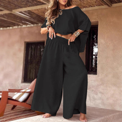 Women's Causal Off Shoulder Top ＆ Wide-Leg Pants Two-Piece Set