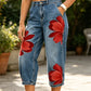 Artistic Flower Wide-Leg Jeans for Women