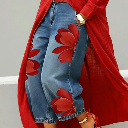 Artistic Flower Wide-Leg Jeans for Women