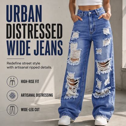 ✨New Arrivals 👖 Wide-Leg Jeans with Multi-Layer Rips – High-Rise Fit That Visually Elongates Your Legs
