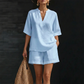 ✨🌺New Arrivals - V‑Neck Top & Wide‑Leg Shorts Set – Lightweight Premium Blend & Draped Silhouette for Vacation or Daily Outing