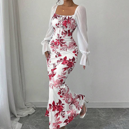 👗New Arrivals - Square Drawstring Neck Dress with Floral Motif – Adjustable Fit & Flattering Ruched Detail for Any Special Occasion