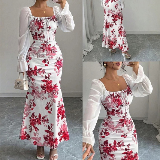 👗New Arrivals - Square Drawstring Neck Dress with Floral Motif – Adjustable Fit & Flattering Ruched Detail for Any Special Occasion