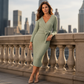 Women's Elegant V-Neck Ribbed Knit Tie-Wrap Dress