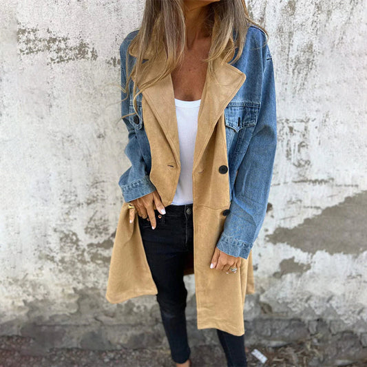 Bestseller🏆🧥 Denim Spliced Trench Coat – Timeless Silhouette & Effortless Style for Every Occasion