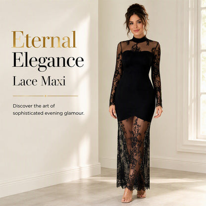 ⭐Trending Now⭐👗 High-Neck Lace Maxi Dress – Sheer Floral Lace & Sculpted Fit for Effortless Evening Elegance