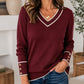 🧶 Contrast Trim, Flattering V-Neck | Women's Elegant Knit Top