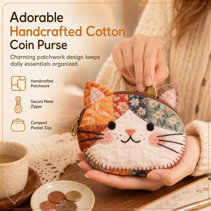 🎁Christmas Hot Sale🐱Cute Patchwork Cat Coin Purse, Handmade Fabric Kitten Mini Pouch, Portable Card Holder for Girls